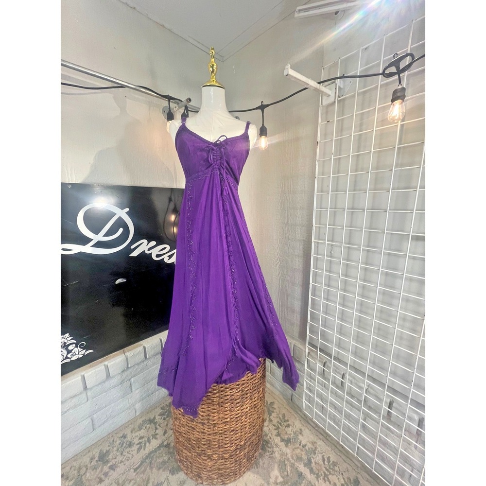 Purple Embroidered Maxi Dress Tie Front‎ Spaghetti Strap Bohemian Festival X/L
